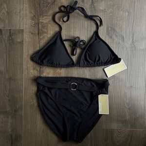 NWT Michael Kors Belted High Waist Bikini Bottom & Triangle Bikini Top Black